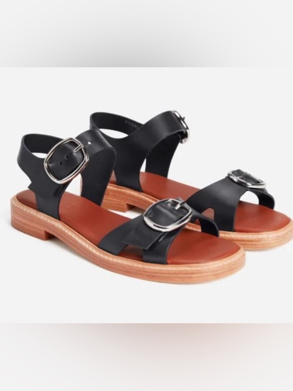 Everlane Black Leather Buckle Sandals with Tan Sole